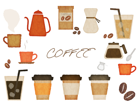 コーヒーセット コーヒー,cafe,珈琲,コーヒー豆,カップ,カフェ,水彩風,素材,おしゃれ,アイスコーヒーのイラスト素材