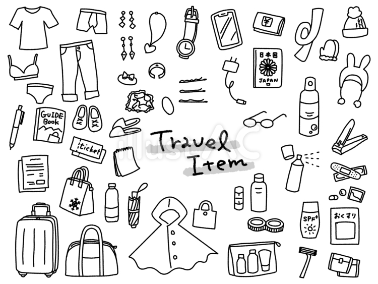 旅行持ち物セット 手書き,線画,旅行のイラスト素材