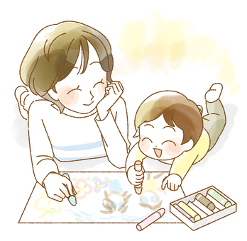 クレヨンでお絵描きをする親子(母子) 育児,子育て,お絵描き,親子,家族,家庭,ファミリー,母子,遊ぶ,戯れるのイラスト素材