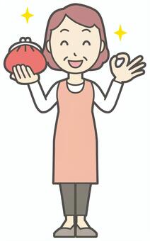  収入に満足しているエプロンのおばさん 財布,女性,人,主婦,中年,シニア,エプロン,ママ,お母さん,おかんのイラスト素材