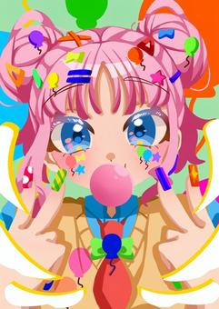 風船と女の子 女の子,風船,カラフル,団子ヘア,ピース,ネイル,ヘアピン,風船ガム,ネクタイのイラスト素材