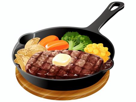 ビーフステーキ(スキレット) ビーフステーキ(スキレット) ステーキ,洋食,料理,食べ物,フライドポテト,肉,にんじん,コーン,ブロッコリー,ソースのイラスト素材