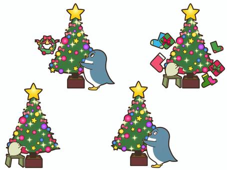 クリスマスツリーとペンギン ペンギン,かわいい,イラスト,南極,子供向け,可愛い,動物,癒し,ほっこり,ゆるかわのイラスト素材