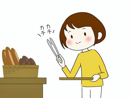 パンを買おうとトングを持つ女性 パン,パン屋,女性,トング,カチカチ,トレイ,バゲット,ウキウキ,楽しい,買い物のイラスト素材