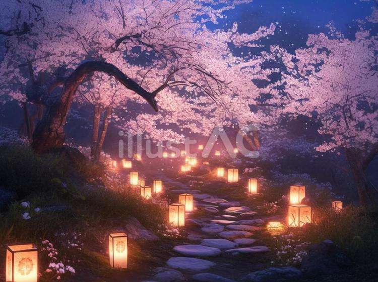 灯篭がある道と桜の花 灯篭,桜,夜のイラスト素材