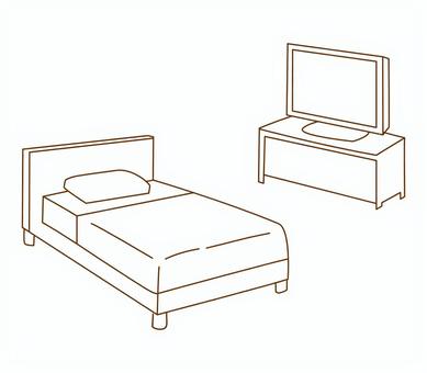 ベッドとテレビのラインアート 新生活,家具,家電,生活必需品,ベッド,部屋,インテリア,テレビ,枕,布団のイラスト素材