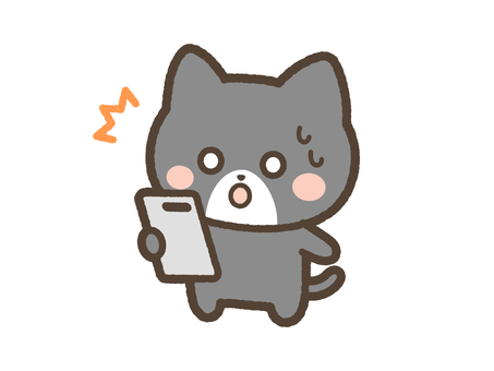 スマホを眺めて驚くねこ（黒ネコ） ねこ,スマホ,驚く,びっくり,衝撃,携帯,スマートフォン,日常,表情,かわいいのイラスト素材