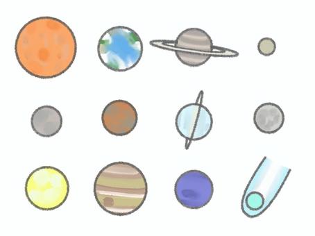 太陽系の手書き風のイラストセット