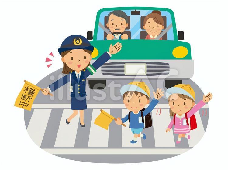 横断歩道を渡る小学生／交通安全／車 横断歩道,交通指導,交通安全のイラスト素材