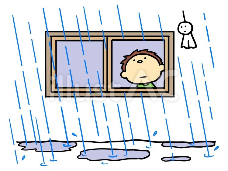 雨の日に外を眺める男の子 雨,テルテル坊主,梅雨のイラスト素材