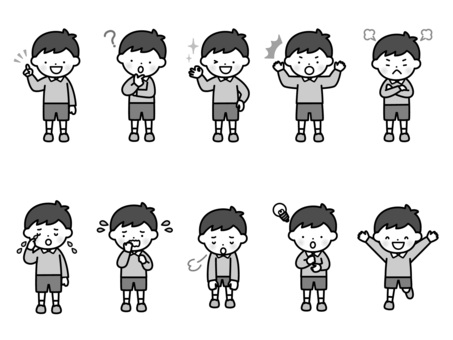 男の子ポーズセット-モノクロ 人物,小学生,案内,笑顔,全身,指差し,ハテナ,疑問,不思議,考えるのイラスト素材