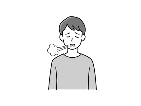 ため息をつく男性（バストアップ・白黒） 男性,ため息,バストアップ,ネガティブ,若い男性,上半身,落胆,人物,吐息,息を吐くのイラスト素材