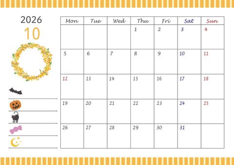 2026カレンダー/10はがきサイズ カレンダー,2026年,令和8年,10月,マンスリー,卓上,月曜始まり,スケジュール,暦,リースのイラスト素材