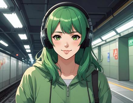 ヘッドフォンを付けた女性