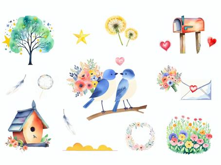 小鳥とお手紙のセットイラスト(青色) 小鳥,青い鳥,かわいい,可愛い,木,花,自然,水彩,水彩風,たんぽぽのイラスト素材