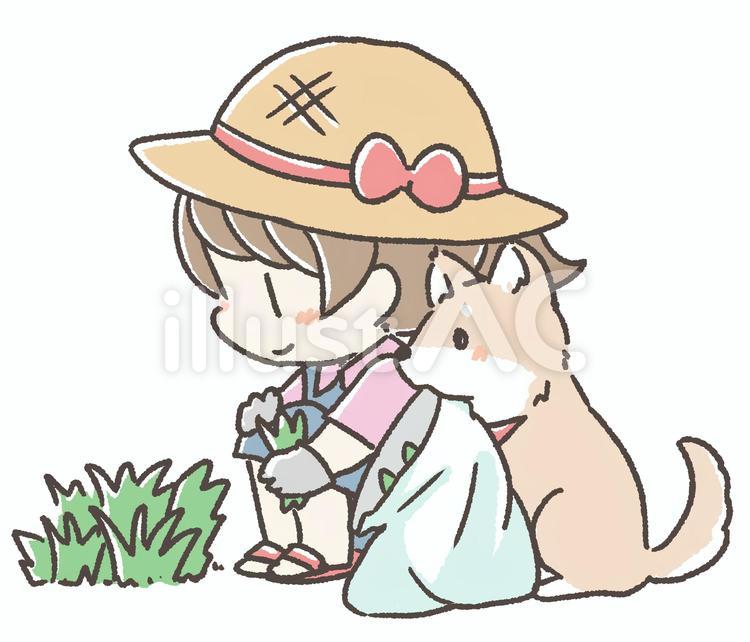 草むしりする女の子と犬 犬,ペット,かわいいのイラスト素材
