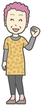  大阪のおばちゃん-183-全身 ガッツポーズ,おばちゃん,大阪,ヒョウ柄,おばはん,中年,女性,関西,派手,おばさんのイラスト素材