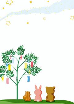 天の川と笹を見上げる動物たち_縦 七夕,笹,短冊,星,天の川,かわいい,動物,うさぎ,くま,りすのイラスト素材