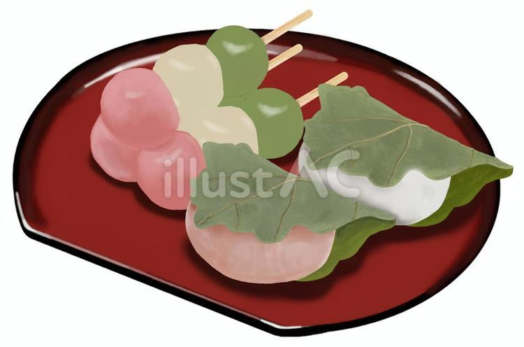 3色だんごと柏餅（赤半月盆） 三色だんご,かしわ餅,柏餅のイラスト素材