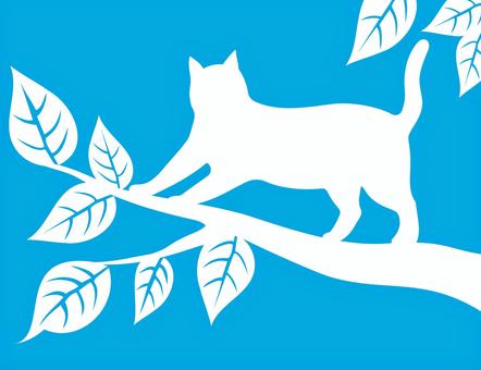 木登りねこ 猫,シルエット,スカイブルー,爪とぎ,木登り,木,葉,尻尾,伸び,キャットタワーのイラスト素材