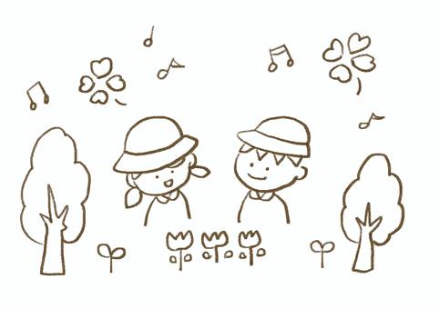 手描きの遠足イラスト線画 手描き,線画,モノクロ,遠足,園児,幼稚園,保育園,春,学校プリント,おたよりのイラスト素材