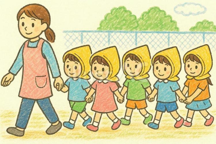 防災ずきんを被って先生と避難訓練 防災訓練,避難訓練,避難のイラスト素材