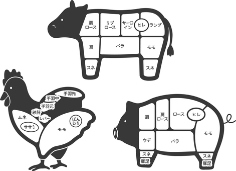 牛・豚・鳥_お肉の部位セット 牛,牛肉,スネ,文字,ヒレ,ランプ,和牛,イラスト,ビーフ,豚のイラスト素材