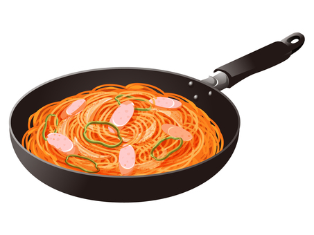 魚肉ソーセージのナポリタン（フライパン） ナポリタン,魚肉ソーセージ,スパゲッティ,洋食,家庭料理,料理,食べ物,麺類,ピーマン,玉ねぎのイラスト素材