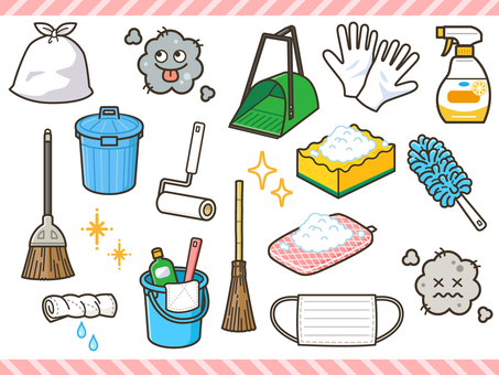 掃除_セット02 ほうき,竹帚,雑巾,スポンジ,マスク,不織布マスク,スプレー,ゴミ袋,ゴミ箱,ローラーのイラスト素材