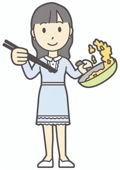  ワンピースお嬢様-536-全身 炒める,お嬢様,女性,女の子,オシャレ,人物,かわいい,料理,フライパン,クッキングのイラスト素材