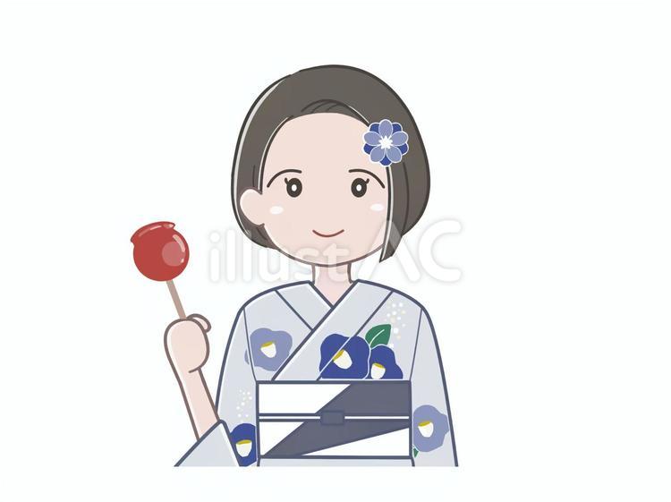 りんご飴をもつ黒髪の浴衣姿の女性 りんご飴,女性,浴衣のイラスト素材