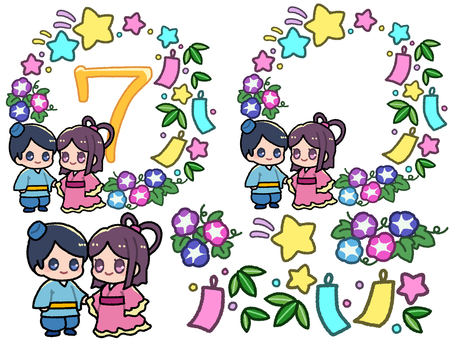 7月 7月 7月,七夕,笹,アジサイ,星,織姫,彦星,季節のイラスト素材