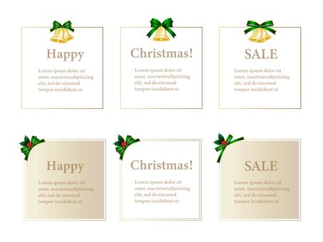 緑のリボンのクリスマス枠セット 枠,クリスマス,フレーム,シンプル,ベル,ヒイラギ,エレガント,上品,スクエア,四角のイラスト素材