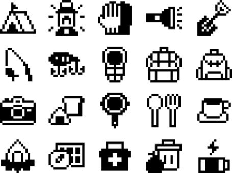 アウトドア・キャンプドット絵アイコン アウトドア,キャンプ,登山,ハイキング,グランピング,釣り,ドット絵,ピクセルアート,16bit,モノクロのイラスト素材