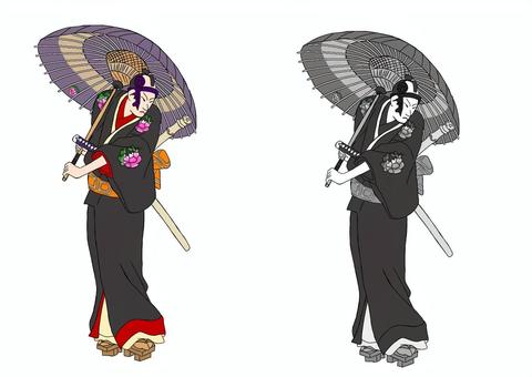 歌舞伎助六（カラー） 男性,歌舞伎,歌舞伎役者,助六,人物,和傘,モノクロのイラスト素材