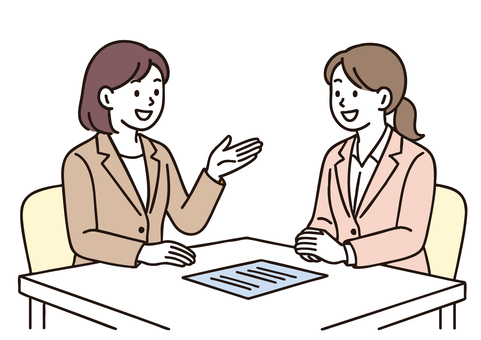 商談面接で話す女性ビジネスマンのイラスト 女性,打合せ,ミーティング,面談,ビジネスマン,会話,商談,打ち合わせ,面接,スーツのイラスト素材
