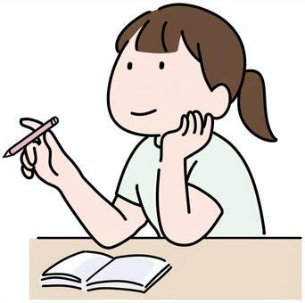 手帳を開いてペンを持ち頬杖をつく女性 人物,女性,女の子,頬杖,手帳,ペン,ノート,計画,予定,日記のイラスト素材