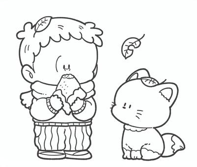 秋の子どもとキツネの白黒手描きイラスト 焼き芋,秋,子ども,キツネ,動物,かわいい,挿絵,10月,11月,生き物のイラスト素材