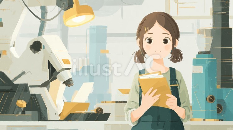 工場で書類を持つ女性作業員 女の子,作業服,工場のイラスト素材
