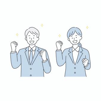 ガッツポーズをするビジネス男女 人物,男女,ビジネス,就活,スーツ,笑顔,応援,成功,喜び,元気のイラスト素材