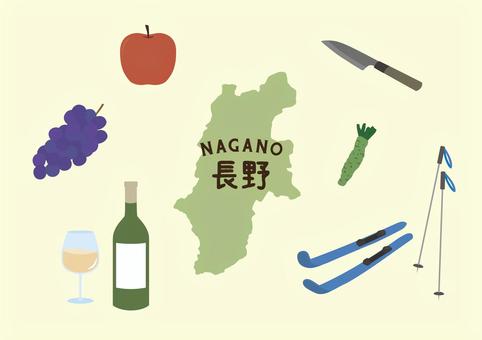 長野イラストセット 長野,スキー,ワイン,ぶどう,りんご,わさび,信州打刃物,包丁,地図,ご当地のイラスト素材
