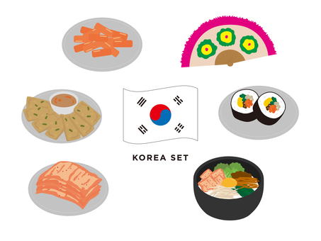 韓国　イラストセット 韓国,国旗,扇子,トッポギ,キムチ,チヂミ,ビビンバ,キンパ,観光,旅行のイラスト素材