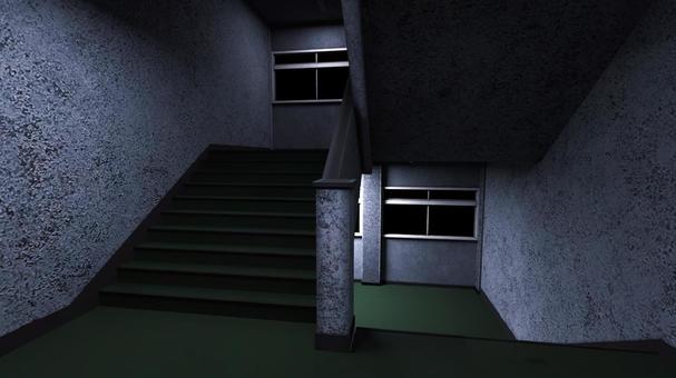 学校の階段　灰色の窓、黒い外 階段,光,3d,cg,静寂,学校,小学校,中学校,廊下,夜のイラスト素材