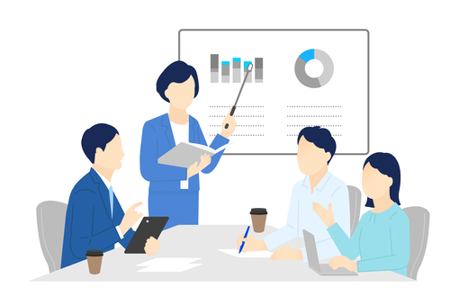 打ち合わせするビジネスパーソンのイラスト ビジネスパーソン,ビジネスマン,ビジネスウーマン,ミーティング,会議,打ち合わせ,ホワイトボード,プレゼンテーション,研修,説明のイラスト素材