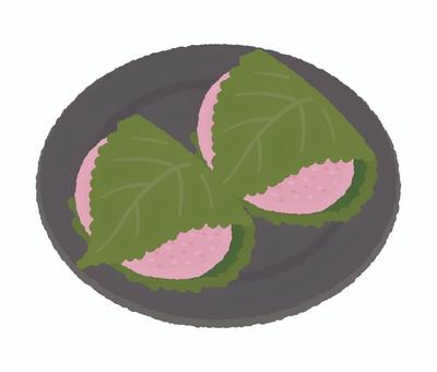 皿にのった桜餅 桜餅,茶菓子,和菓子,餅,和スイーツ,葉っぱ,おやつ,お菓子のイラスト素材