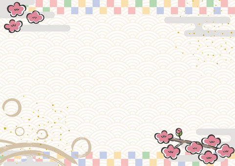 新春チラシ背景-36 背景,和柄,フレーム,市松,雲,霞,霞文様,梅,青海波,筆のイラスト素材