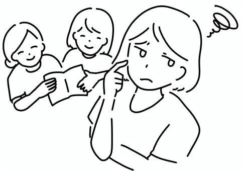 女性2人に勧められて困る女性　線画 勧誘,女性,困惑,複数,線画のイラスト素材