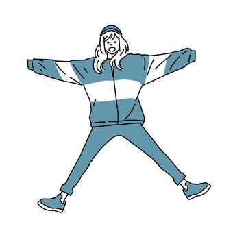 大の字でジャンプするカジュアル服の女性 大の字でジャンプするカジュアル服の女性 女性,全身,笑顔,大の字,ジャンプ,ポーズ,ジェスチャー,カジュアル,私服,キャップのイラスト素材