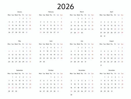 2026年カレンダー｜月曜始まり・土日祝 カレンダー,2026,スケジュール,プランナー,休日,土日,ベクター,シンプル,月曜始まりのイラスト素材