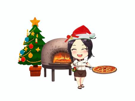 クリスマスでのデリバリーピザのピザ屋店員 クリスマス,ツリー,石窯,ピザ,帽子,女性,店員のイラスト素材